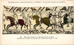 CPA Bayeux Tapisserie der Toter die Mathilde-Konigin der Bruder des Konigs Harold Lewine und Gyrd
