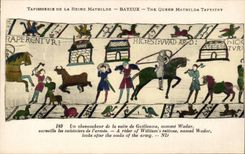CPA Bayeux Tapisserie of the queen Mathilde One goes up in saddle and the riders