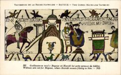 CPA Bayeux Tapisserie of the queen Mathilde Guillaume goes has Bayeux or Harold lends oath of fidelity to him