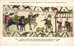 CPA Bayeux Tapisserie of the Mathilde Queen the escort of aHarold to the door of the castle of Guillaume has Rouen
