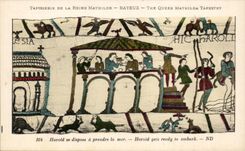CPA Bayeux Tapisserie of the Harold Queen is laid out has to take the sea