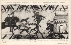 CPA Bayeux Tapisserie of the Harold Queen in market sees a church and puts foot has ground to request