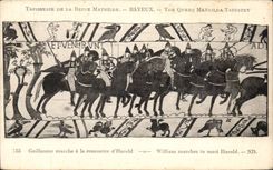 CPA Bayeux Tapisserie de la reine Mathilde Guillaume marche a la rencontre d'Harold
