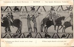 CPA Bayeux Tapisserie de la reine Mathilde Guillaume arme Harold chevalier sur le champ de bataille