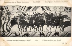 CPA Bayeux Tapisserie de la reine Mathilde Guillaume marche a la rencontre d'Harold