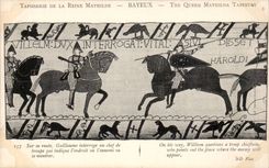 CPA Bayeux Tapisserie de la reine Mathilde Sur la route Guillaume interroge un chef de troupe qui indique l'endroit