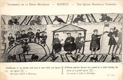CPA Bayeux Tapisserie de la reine Mathilde Guillaume et ses barns sont assis a une table 