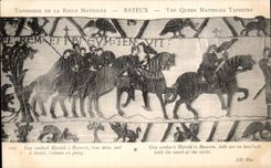 CPA Bayeux Tapisserie of the Queen Mathilde Guy leads Harold has Beaurin both are has horse