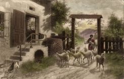 CPA Fantaisie Femme Bergere et ses moutons