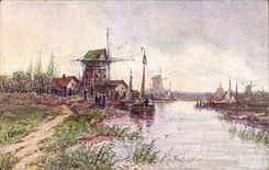 CPA Fantaisie Paysage au bord de l'eau Moulin Windmill