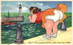 CPA Humour Femme forte Lighthouse Phare Ohe on va pouvoir partir :::