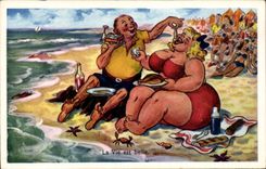 Humour - Illustration - La Vie est Belle - bain - la plage - the beach - CPA 