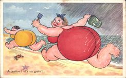 Humour - Illustration - Attention! plage - bain - beach - swimming - CPA 