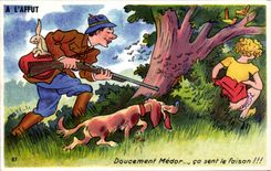 Humour - Illustration - Doucement Medor - ca sent le faisan - chien - dog - chasse - hunting - CPA 