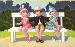 Fantasia - ninos - ilustracion - ninos un banco - CPA