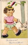 Fantasia - ninos - ilustracion - perro que camina de la muchacha - perro - CPA
