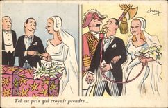 Humour - Illustration - mariage - wedding - bride - groom - CPA Chen