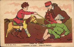 Ninos - ilustracion - caballeria - caballo - caballo - CPA