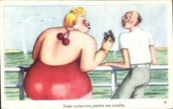 CPA Fantaisie Humour Femme forte Voulez vous prendre mes jumelles ?