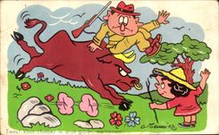 CPA Fantaisie Tiens vous chassez le gros gibier Taureau Chasse Chasseur