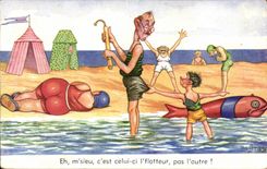 Humour - Illustration - bain - swimming - plage - beach - CPA 