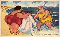 Humour - Illustration - bain - swimming - plage - beach - CPA 