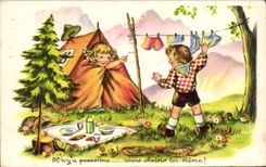 Fantasia - nino - ilustracion - pequenos ninos hermosos - sitio para acampar - CPA