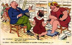 CPA Fantaisie La vendeuse Chausseur Humour 