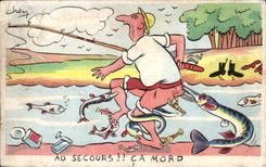 CPA Fantaisie Illustrateur Pecheur Au secours ca mord ! 