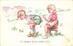 Fantasia - ninos - humor - ilustracion el el otro lado de la moneda - CPA