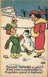 Fantaisie - Enfant - Humour - Illustration - hiver - neige - bonhomme de neige - CPA 