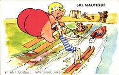 Humour - Illustration - Ski Nautique - Water Skiing - plage - beach - bain - swimming - CPA 