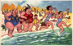 Humour - Illustration - swimming - bain - plage - beach - CPA 