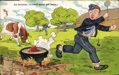 Humour - Illustration - Au Secours - Le Boeuf Saute Militaria - CPA 