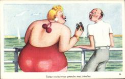 CPA Fantaisie Humour Femme forte Tenez voulez vous prendre mes jumelles