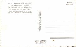 CPSM Avranches monumento Patton lanzamiento el 31 de julio en el 10 de agosto de 1944