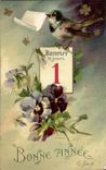 Fleurs Pensee - Pansy - Bonne Annee - Oiseau - Janvier 1 - CPA 