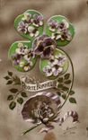 Fleurs Pensee - Pansy - Porte Bonheur - Trefle - Four leaf clover - CPA 