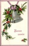 Festivals - Wishes - Happy New Year - bell - beautiful - houx - holly - CPA