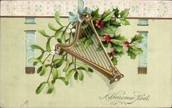 Fetes - Voeux - Heureux Noel - houx - holly Harpe (en relief) - CPA 