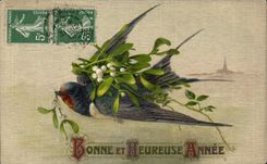 Festivals - Wishes - Happy New Year - bird - bird - houx - holly Swallow - CPA