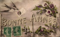 Festivals - Wishes - Happy New Year - houx - holly - bird - bird - thought - pansy - CPA