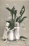 CPA Fantaisie Fleurs Muguet Porte bonheur Santons