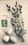CPA Fantaisie Fleurs Muguet Porte bonheur Paques ouefs Easter