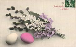 CPA Fantaisie Fleurs Muguet Porte bonheur Paques ouefs Easter