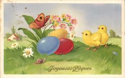 CPA Fantaisie Papillon Poussins Oeufs Paques Easter