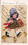 Fetes - Voeux - Holiday - Paques - Easter - Ostern - darling girl with picnic basket - CPA 