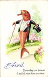 CPA Fantaisie Chat Poisson 1er Avril Paques Easter