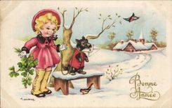 CPA Fantaisie Chein Child Snows Happy New Year