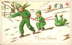 Festivals - Wishes - Happy New Year - New Year - Children Playing in Snow- CPA